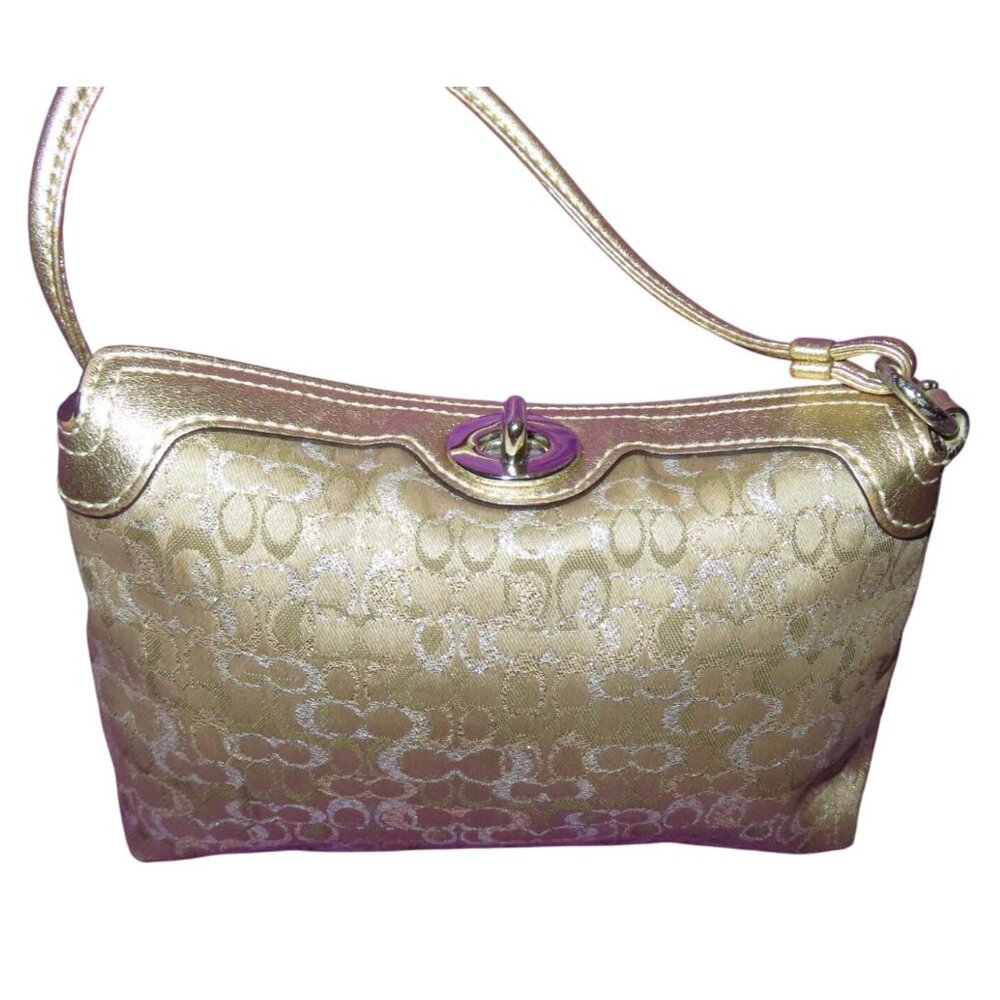 Coach metallic gold and silver Jacquard Turn lock Lurex wristlet lilac interior